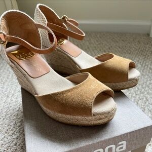Kanna Siena Cometa Camel Leather 3" Wedge Heel Espadrille Sandals - Sz 6/EU 36